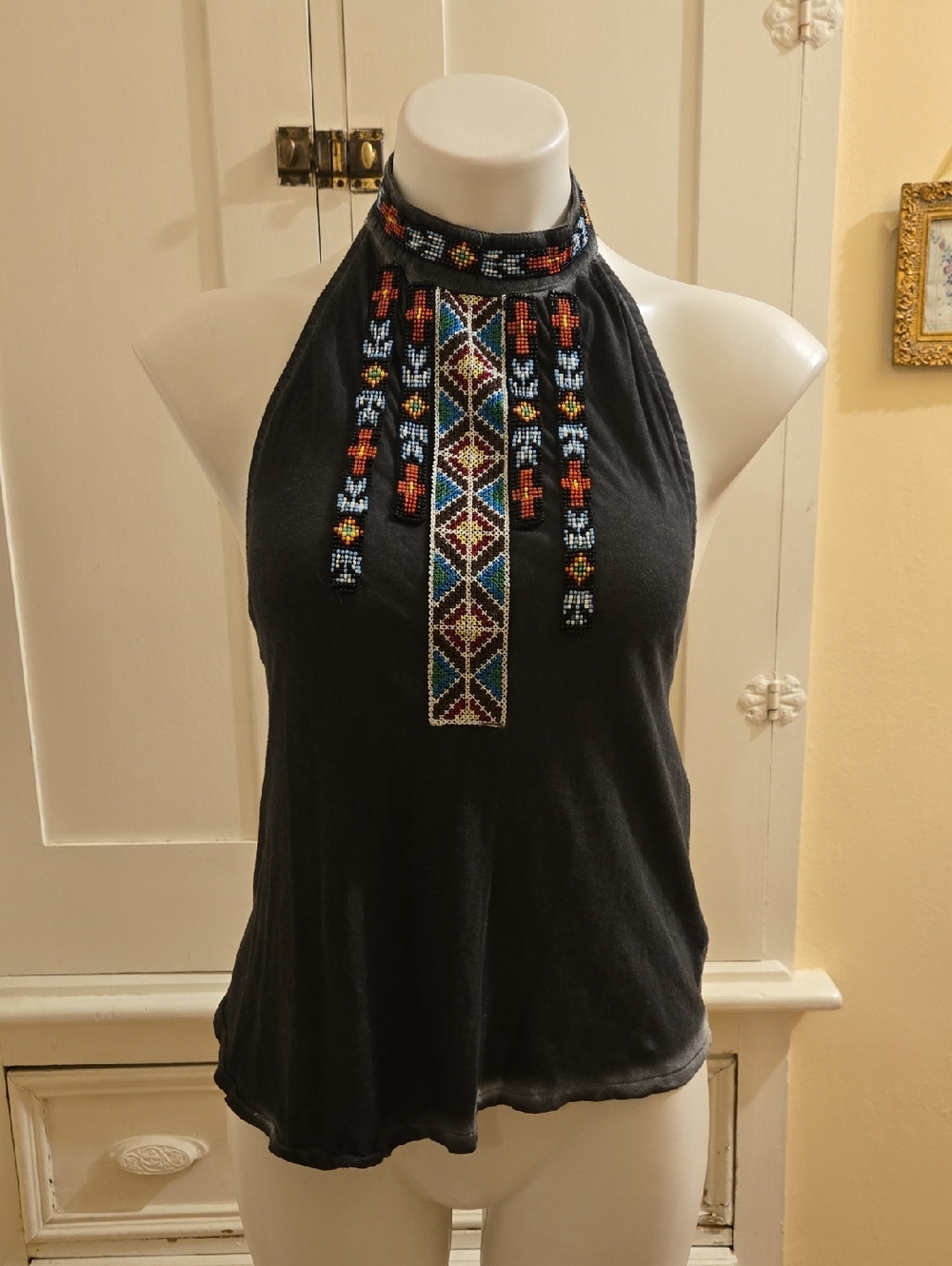 Ecote Washed Gray Cotton Beaded Halter Sz S 🎁